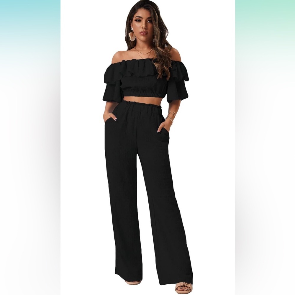 Romwe Women's 2 Piece Outfit Off The Shoulder Crop Top Wide Leg Pants Set